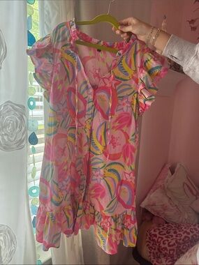 Girls' Pink Tropical Ruffle Dress